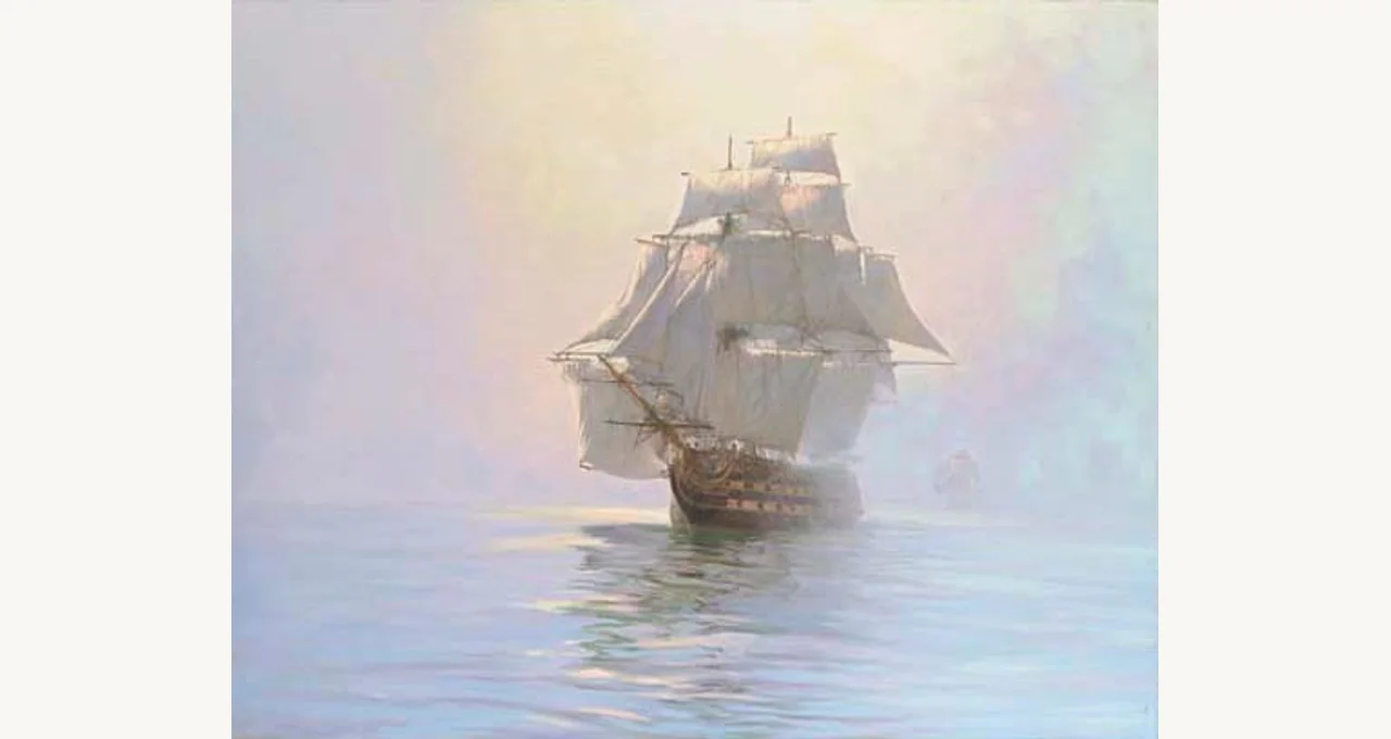 Montague Dawson The Wings of Dawn - Lord Nelson's immortal flagship Victory emerging from the early morning haze auction artwork image for Montague Dawson artwork authentication research, provenance, dimensions and market comparison