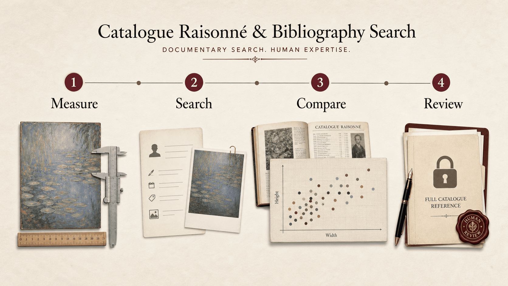 Four-step guide for catalogue raisonne search: measure, search, compare and request review