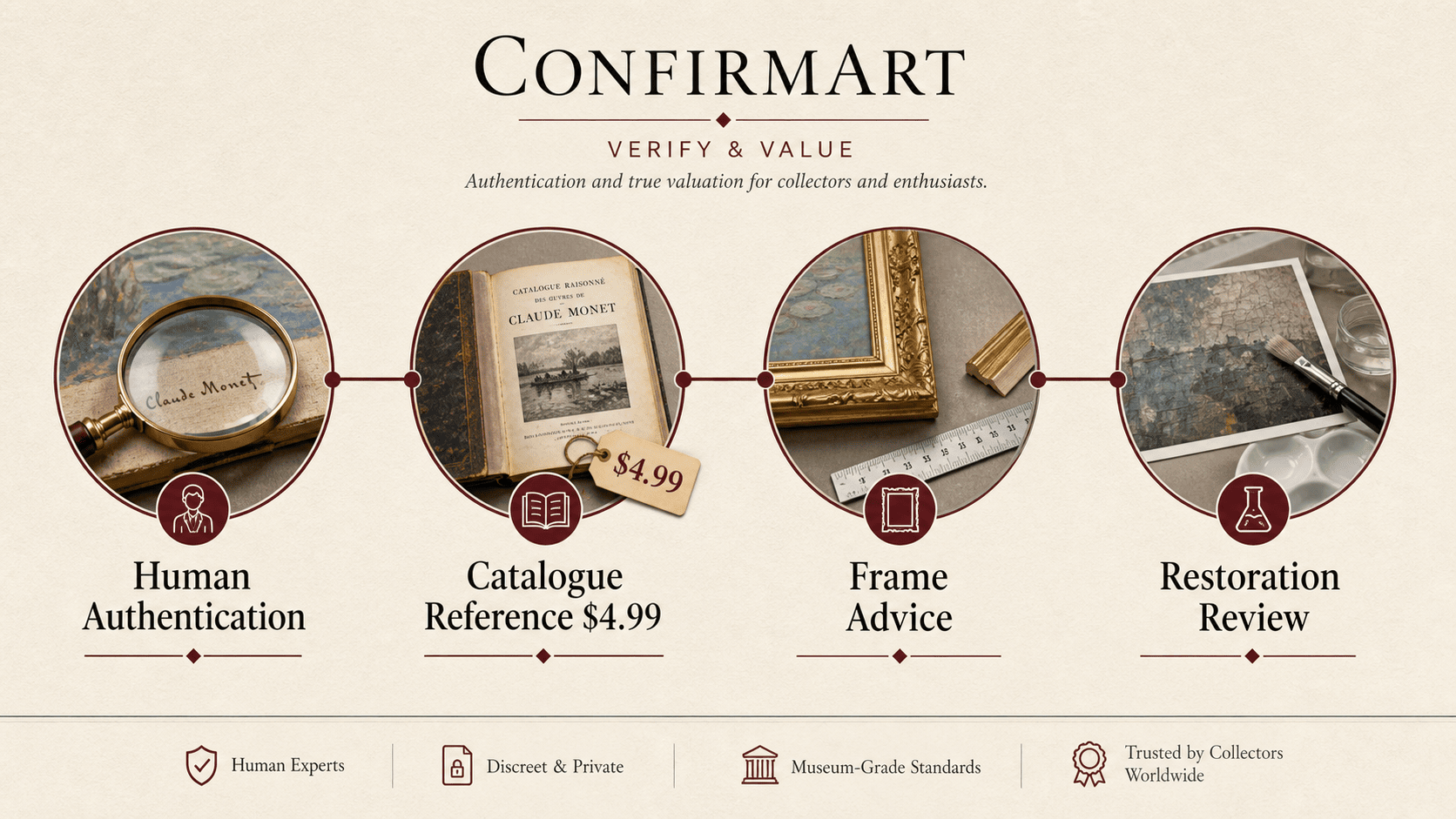 ConfirmArt service map: human authentication, catalogue reference, frame advice and restoration review