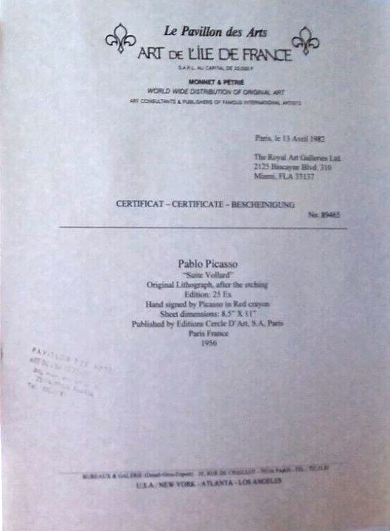Picasso lithograph study: Accompanying Certificate