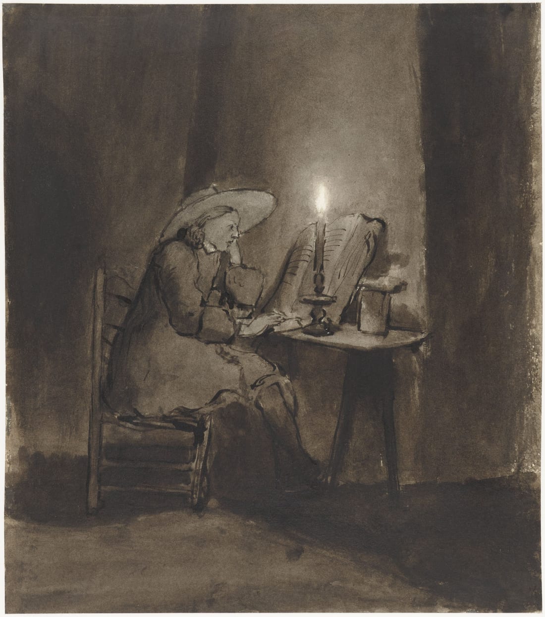 Brush drawing of a boy reading by candlelight, attributed to Barent Fabritius, Rijksmuseum.