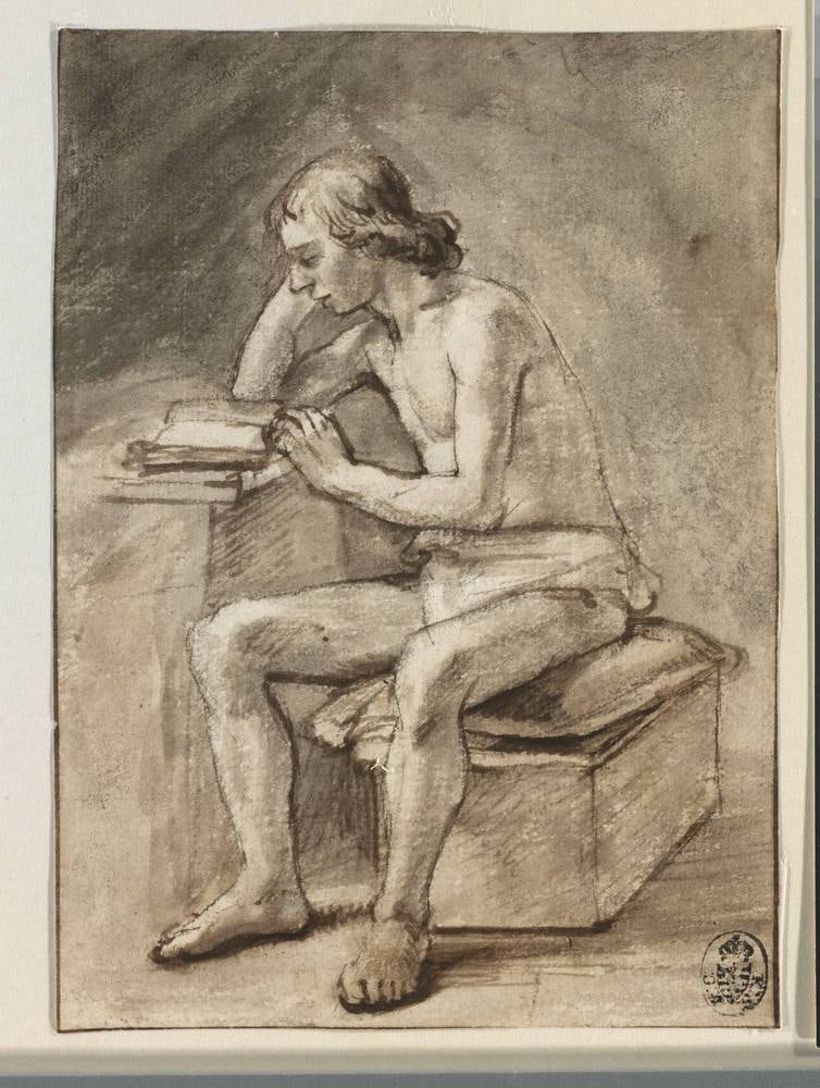 Rembrandt-school academy study of a seated male nude reading a book on a stand, Dresden C 1347.