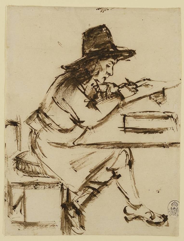Dresden C 1421: rapid pen-and-brush sketch of a young man in a broad-brimmed hat leaning over a desk.