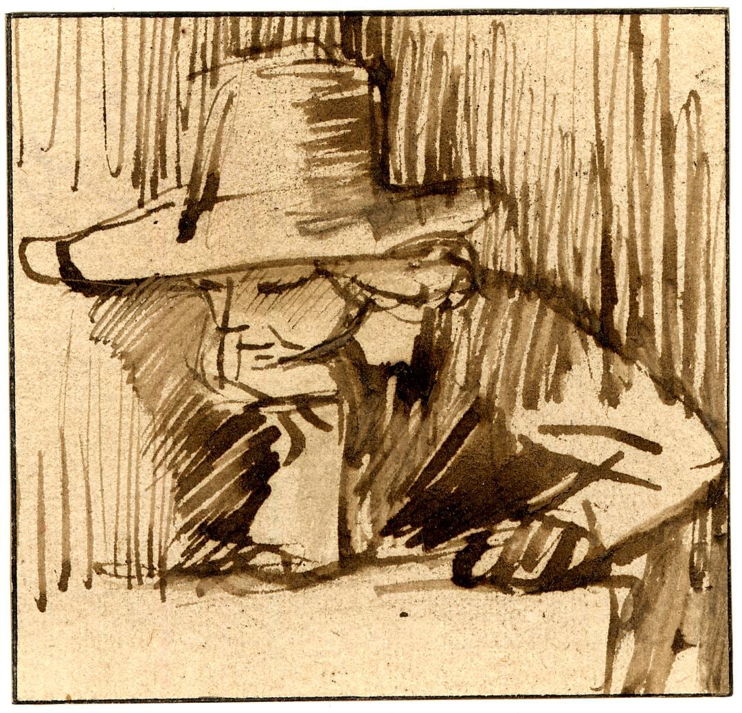 Pen sketch of a boy in a wide-brimmed hat leaning on a table, chin in hand, attributed to Willem Drost.