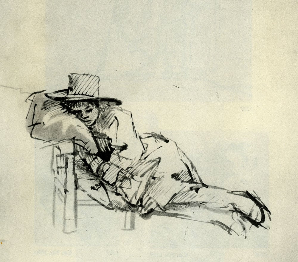 Pen-and-wash sketch of a young man in a high-crowned hat sleeping against cushions, attributed to Willem Drost.