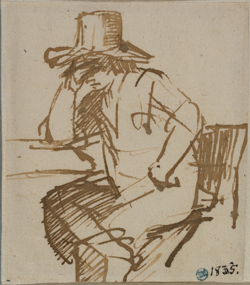 Pen sketch of a young man in a hat seated at a table, seen from behind, attributed to Willem Drost, Nationalmuseum Stockholm.