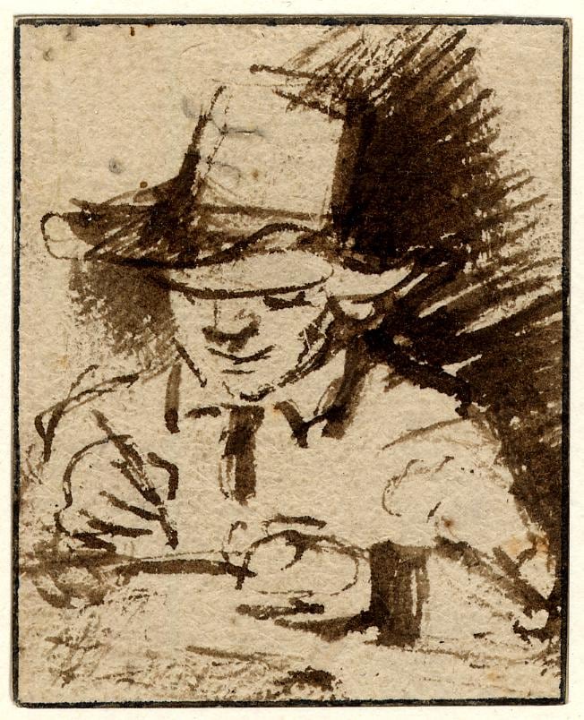 Small pen-and-wash drawing of a man in a high-crowned hat drawing at a table, attributed to Nicolaes Maes.