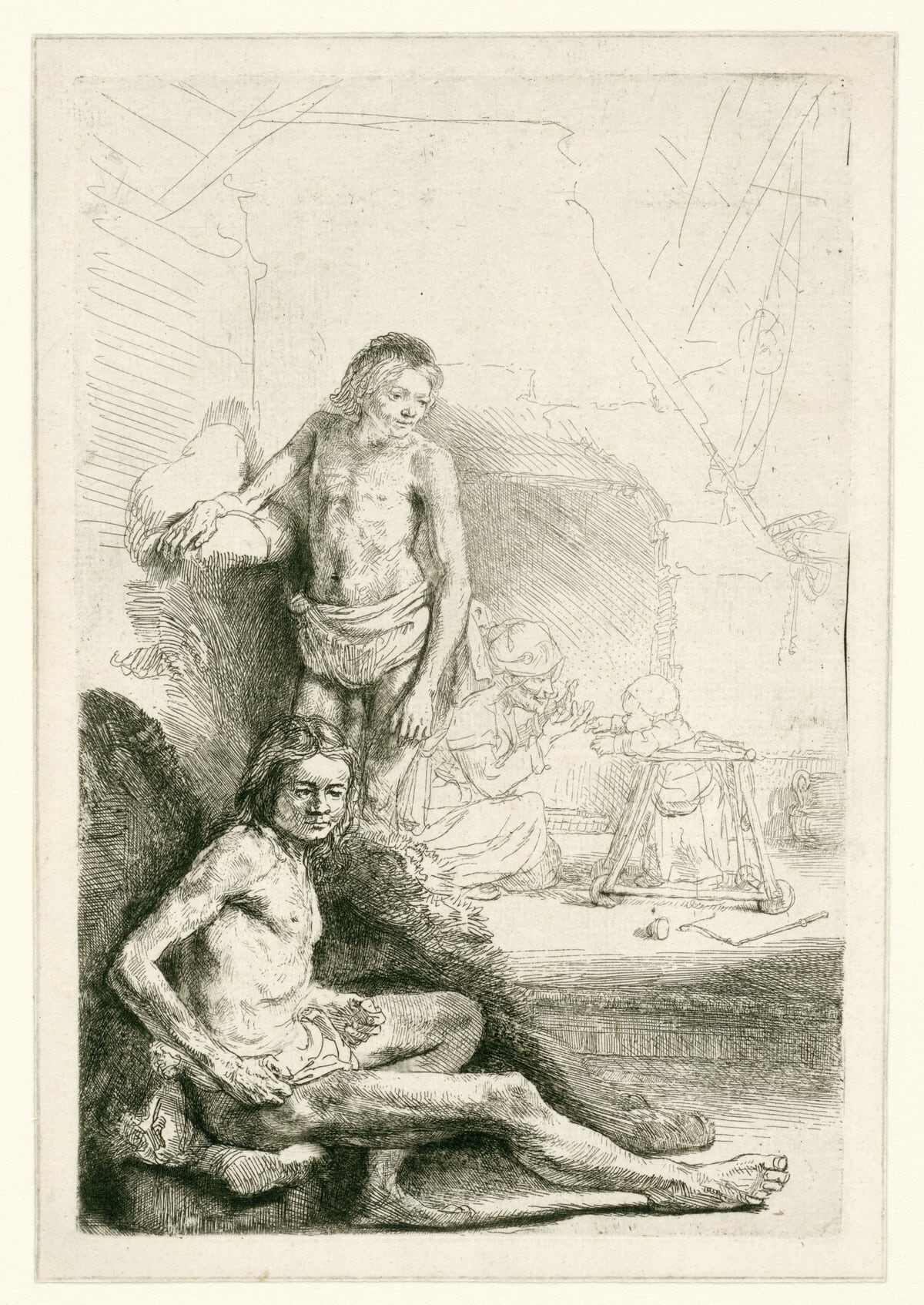 Rembrandt etching showing the same nude model seated and standing, with a mother teaching a child to walk in the background.