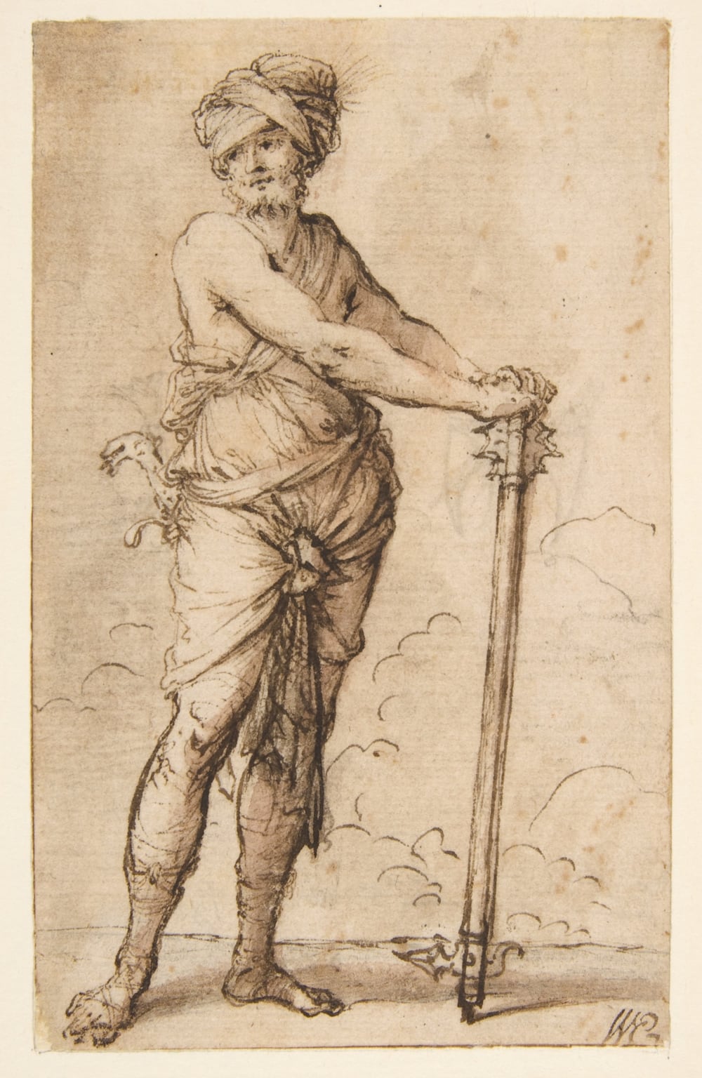 Salvator Rosa pen and wash study of a turbaned warrior holding a mace, drawn with swift economical strokes.