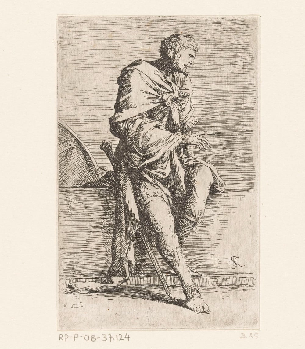 Salvator Rosa etching of a seated soldier in a hat from the Figurine series.