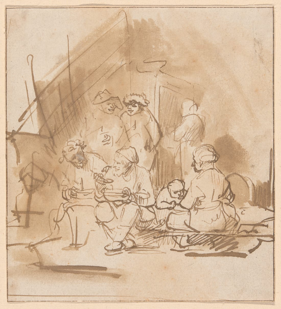 Pen and wash drawing of a satyr among peasants at a table, by Barent Fabritius, Art Institute of Chicago.