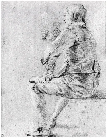 Black-chalk drawing, heightened with white, of a seated young man holding a wineglass and facing left.