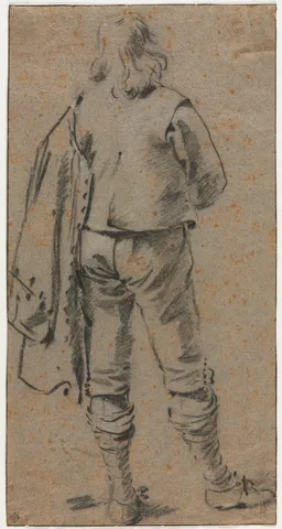 Black-chalk drawing of a man standing, seen from the back, with a broad hat, jacket, breeches and folded footwear.