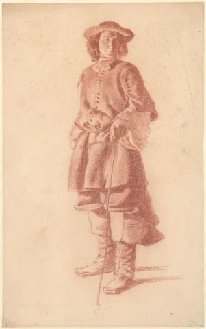 Red chalk over black chalk drawing of a standing figure, by Moses ter Borch according to the Fondation Custodia.