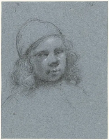 Chalk self-portrait of Moses ter Borch wearing a cap, on blue paper.