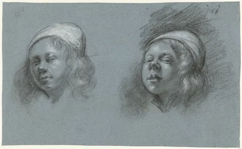Two chalk self-portraits of Moses ter Borch on blue paper, drawn side by side.