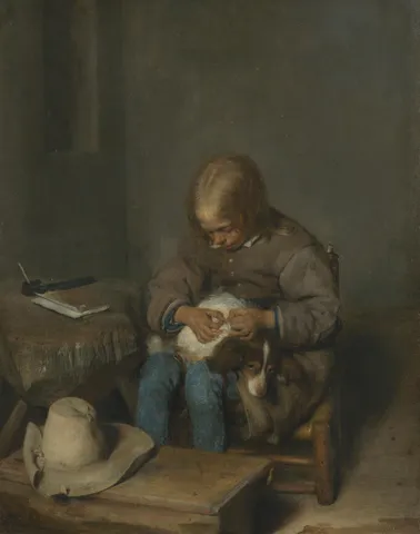 Painting of a boy in a broad folded hat, bent over a dog, by Gerard ter Borch the Younger.