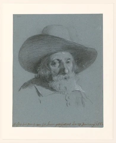 Chalk drawing on blue paper of an elderly bearded man in a very broad-brimmed, high-crowned hat, with a dated pen inscription along the lower edge.