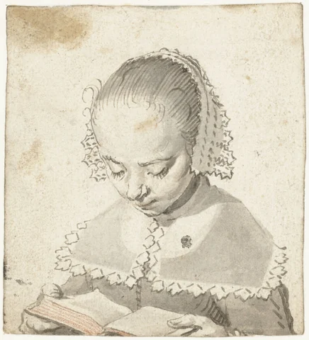 Small pen-and-brush drawing of a girl in a lace cap and collar, head bowed, reading a book held in both hands.