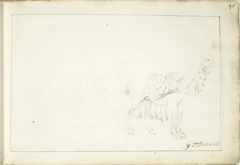 Black-chalk study of a horse facing right, described by the Rijksmuseum as signed by Gerard ter Borch II.