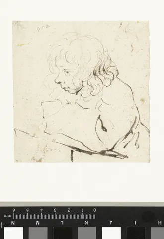 Small pen drawing of Moses ter Borch seated and drawing, attributed to Gerard ter Borch II, shown with its mount and a scale.