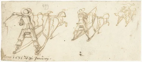 Three pen studies of a horse-drawn sleigh on one sheet, repeated at different sizes.