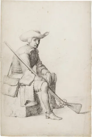 Black-chalk drawing of a seated man with a rifle, catalogued as Studio of Gerard ter Borch II.