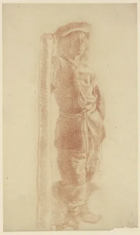 Red-chalk counterproof of a young man standing at a post, related by the museum to the preceding study.