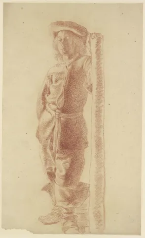 Red-chalk study of a young man standing at a post, catalogued with a question mark and a Moses alternative.