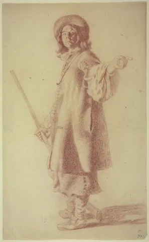 Red-chalk hunter with musket and bag, catalogued as Gerard ter Borch the Younger with a question mark.
