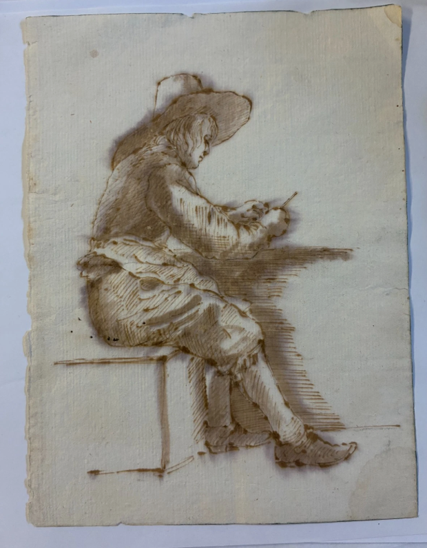 Present sheet: a seated young draughtsman in a broad-brimmed hat, in brown linear and tonal media.