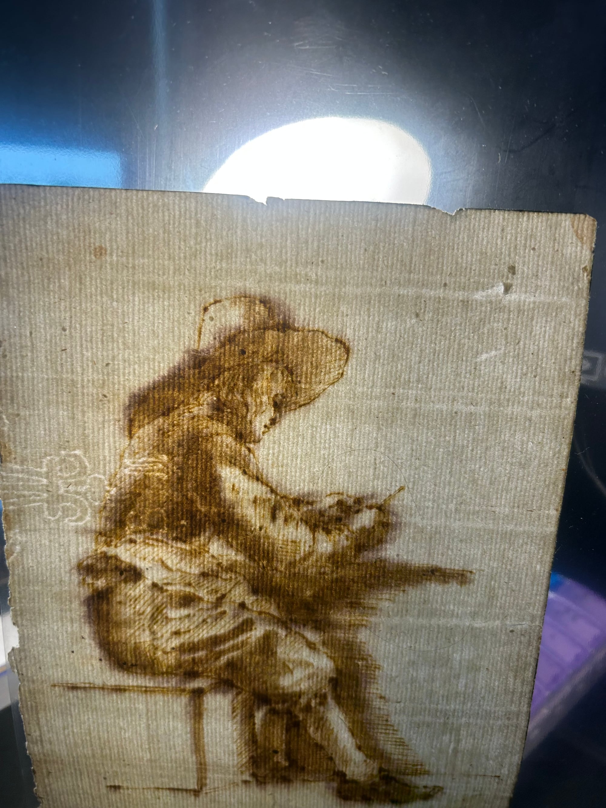 Full-sheet transmitted-light photograph with an annotation marking the partial wire figure near the left edge.